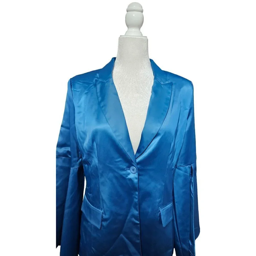Kyle x Shahida designer blue silk long jacket blazer long slit sleeves size M - Picture 2 of 12
